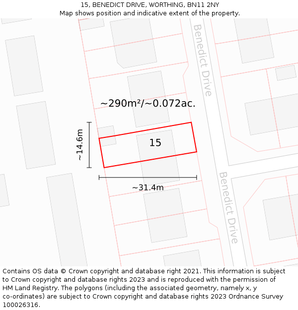 15, BENEDICT DRIVE, WORTHING, BN11 2NY: Plot and title map