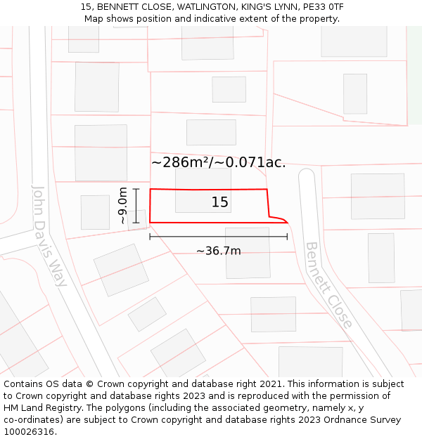 15, BENNETT CLOSE, WATLINGTON, KING'S LYNN, PE33 0TF: Plot and title map