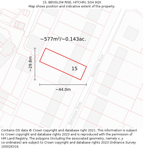 15, BENSLOW RISE, HITCHIN, SG4 9QX: Plot and title map