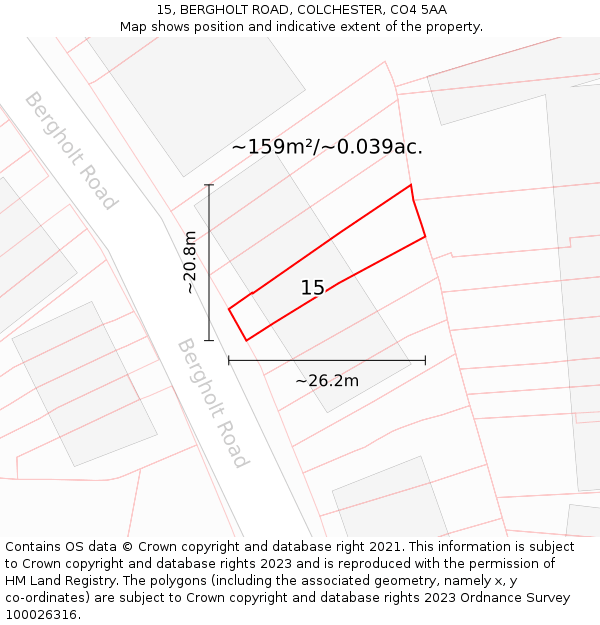 15, BERGHOLT ROAD, COLCHESTER, CO4 5AA: Plot and title map