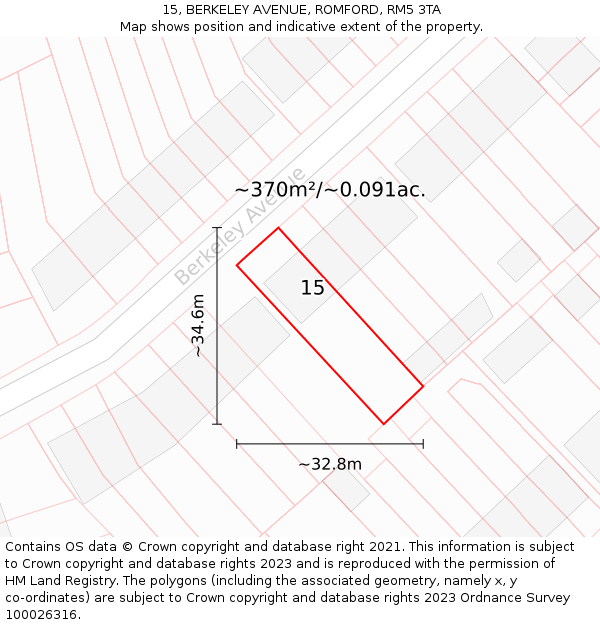 15, BERKELEY AVENUE, ROMFORD, RM5 3TA: Plot and title map