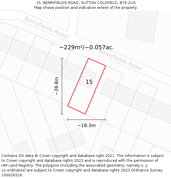15, BERRYFIELDS ROAD, SUTTON COLDFIELD, B76 2US: Plot and title map