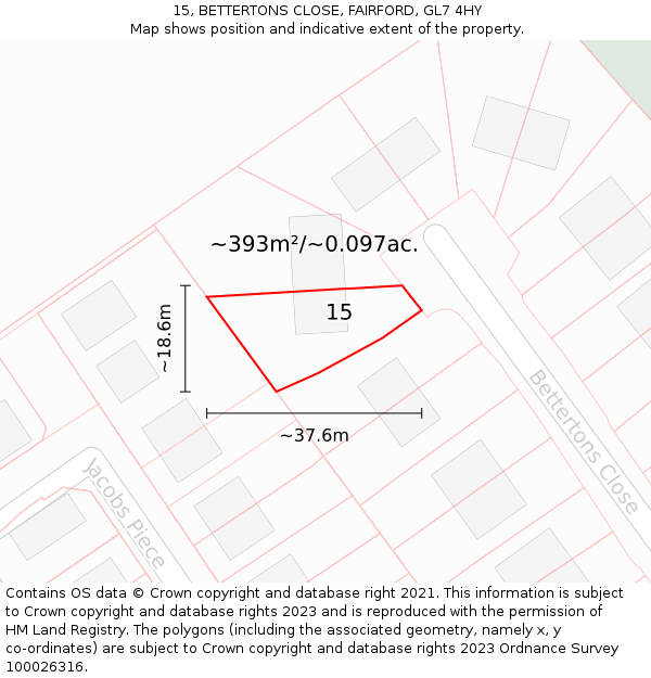 15, BETTERTONS CLOSE, FAIRFORD, GL7 4HY: Plot and title map