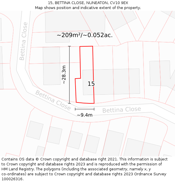 15, BETTINA CLOSE, NUNEATON, CV10 9EX: Plot and title map