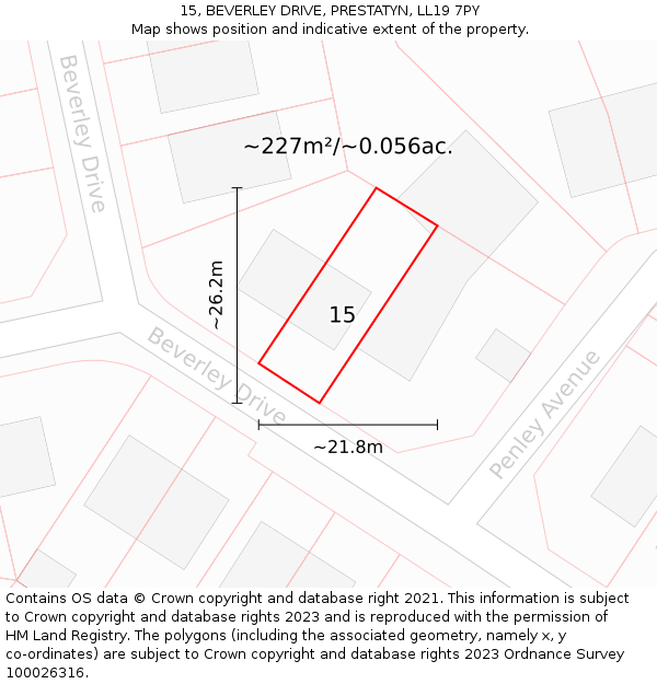 15, BEVERLEY DRIVE, PRESTATYN, LL19 7PY: Plot and title map