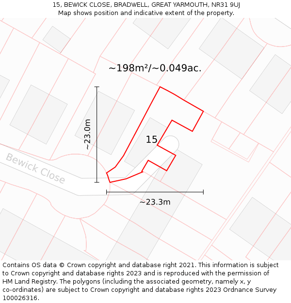 15, BEWICK CLOSE, BRADWELL, GREAT YARMOUTH, NR31 9UJ: Plot and title map