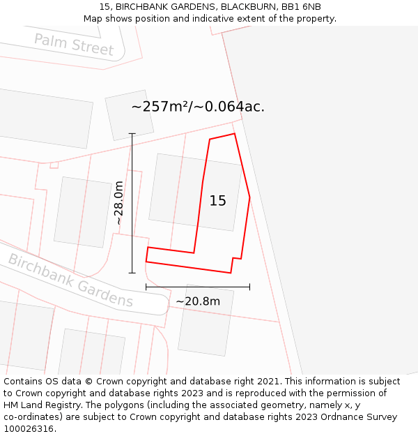 15, BIRCHBANK GARDENS, BLACKBURN, BB1 6NB: Plot and title map