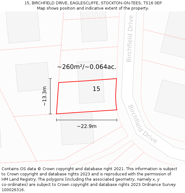15, BIRCHFIELD DRIVE, EAGLESCLIFFE, STOCKTON-ON-TEES, TS16 0EP: Plot and title map