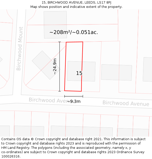 15, BIRCHWOOD AVENUE, LEEDS, LS17 8PJ: Plot and title map