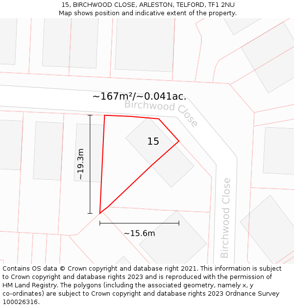 15, BIRCHWOOD CLOSE, ARLESTON, TELFORD, TF1 2NU: Plot and title map