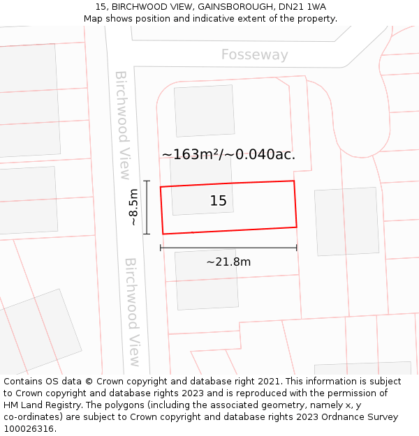 15, BIRCHWOOD VIEW, GAINSBOROUGH, DN21 1WA: Plot and title map