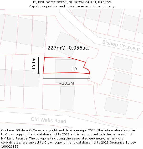 15, BISHOP CRESCENT, SHEPTON MALLET, BA4 5XX: Plot and title map
