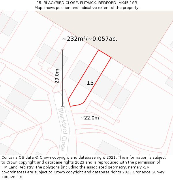 15, BLACKBIRD CLOSE, FLITWICK, BEDFORD, MK45 1SB: Plot and title map
