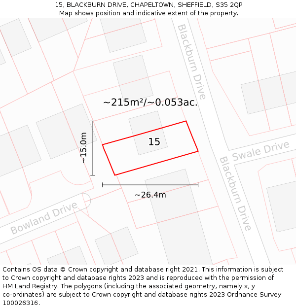 15, BLACKBURN DRIVE, CHAPELTOWN, SHEFFIELD, S35 2QP: Plot and title map
