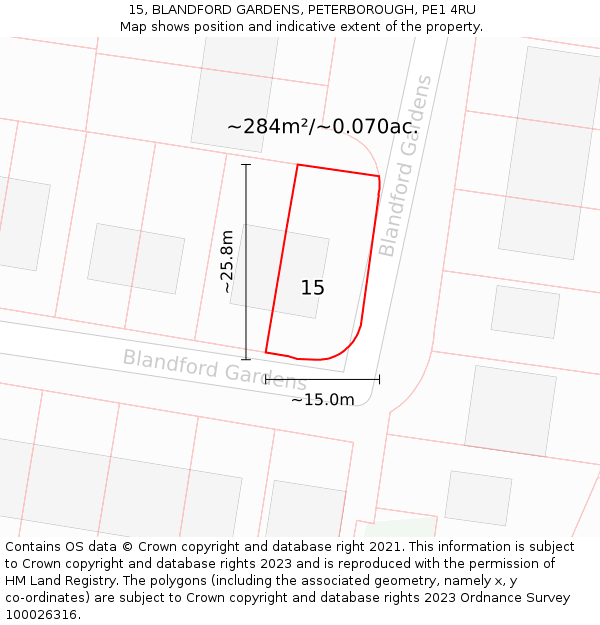 15, BLANDFORD GARDENS, PETERBOROUGH, PE1 4RU: Plot and title map