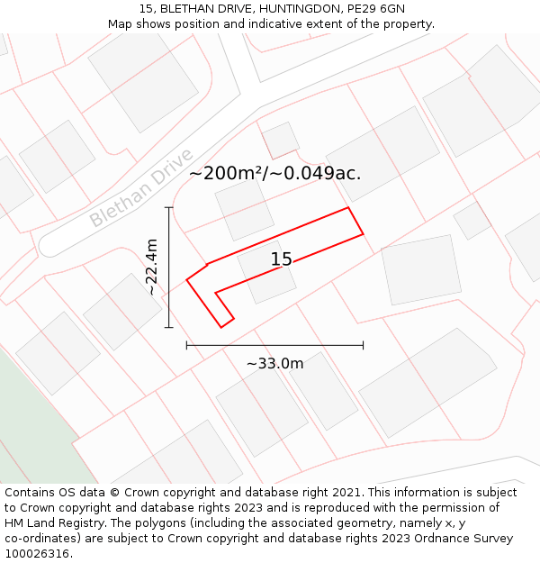 15, BLETHAN DRIVE, HUNTINGDON, PE29 6GN: Plot and title map