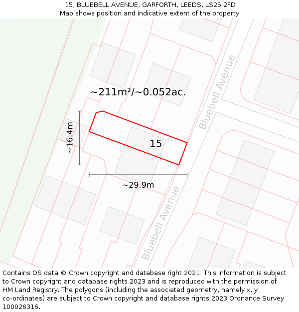 15, BLUEBELL AVENUE, GARFORTH, LEEDS, LS25 2FD: Plot and title map