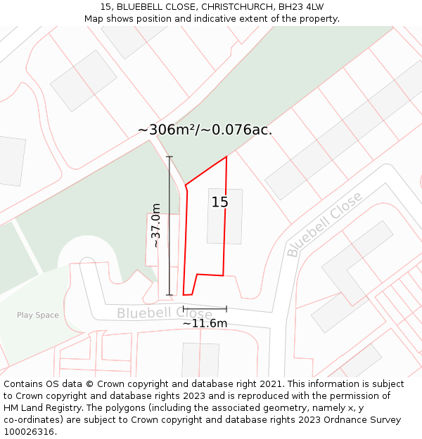 15, BLUEBELL CLOSE, CHRISTCHURCH, BH23 4LW: Plot and title map