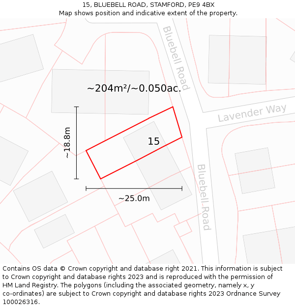 15, BLUEBELL ROAD, STAMFORD, PE9 4BX: Plot and title map