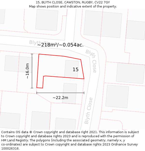 15, BLYTH CLOSE, CAWSTON, RUGBY, CV22 7GY: Plot and title map