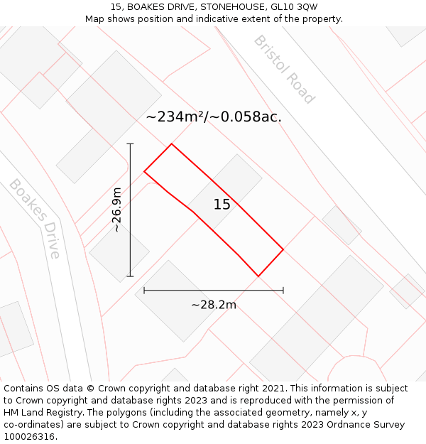 15, BOAKES DRIVE, STONEHOUSE, GL10 3QW: Plot and title map