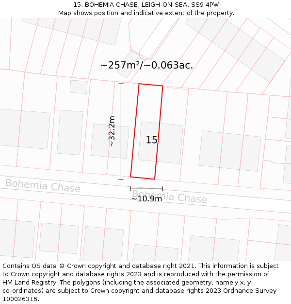 15, BOHEMIA CHASE, LEIGH-ON-SEA, SS9 4PW: Plot and title map