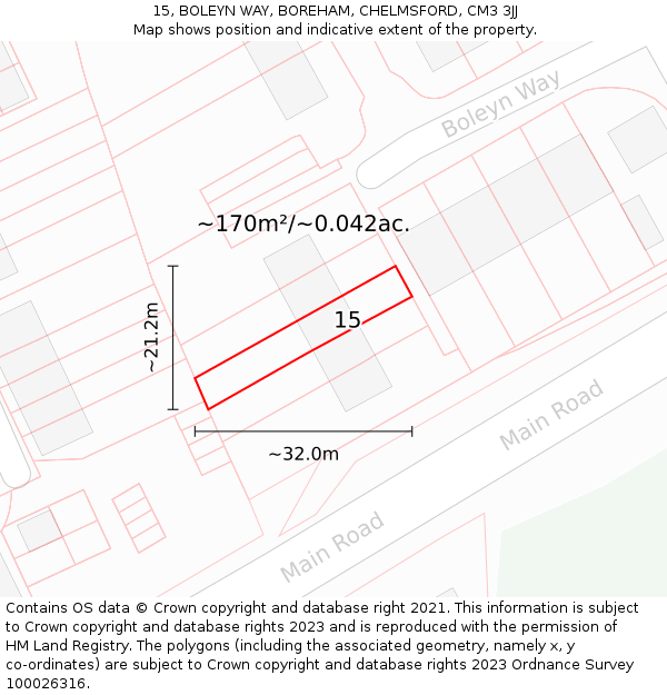 15, BOLEYN WAY, BOREHAM, CHELMSFORD, CM3 3JJ: Plot and title map