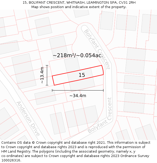 15, BOLYFANT CRESCENT, WHITNASH, LEAMINGTON SPA, CV31 2RH: Plot and title map
