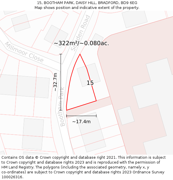 15, BOOTHAM PARK, DAISY HILL, BRADFORD, BD9 6EG: Plot and title map