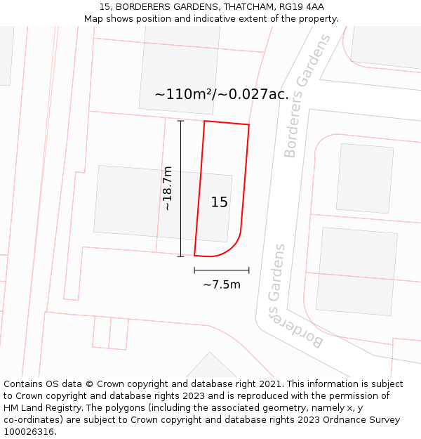 15, BORDERERS GARDENS, THATCHAM, RG19 4AA: Plot and title map