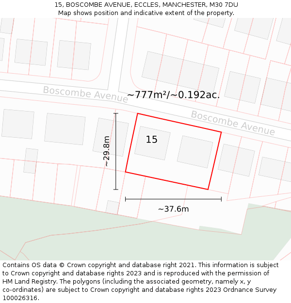 15, BOSCOMBE AVENUE, ECCLES, MANCHESTER, M30 7DU: Plot and title map