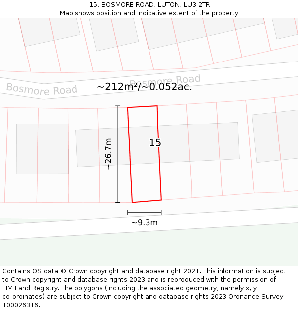 15, BOSMORE ROAD, LUTON, LU3 2TR: Plot and title map