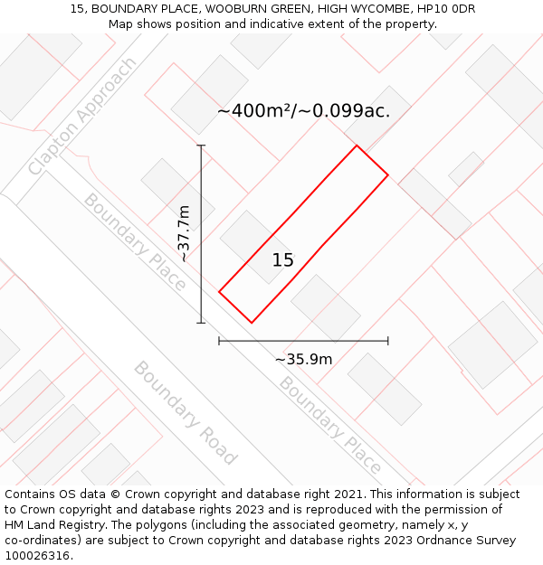 15, BOUNDARY PLACE, WOOBURN GREEN, HIGH WYCOMBE, HP10 0DR: Plot and title map