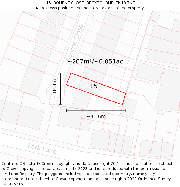 15, BOURNE CLOSE, BROXBOURNE, EN10 7NE: Plot and title map