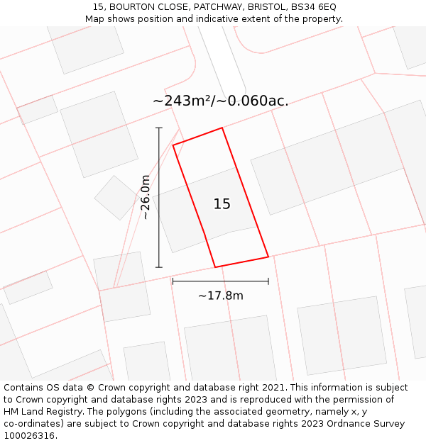 15, BOURTON CLOSE, PATCHWAY, BRISTOL, BS34 6EQ: Plot and title map
