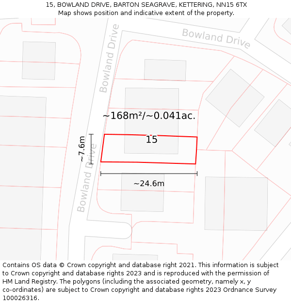 15, BOWLAND DRIVE, BARTON SEAGRAVE, KETTERING, NN15 6TX: Plot and title map