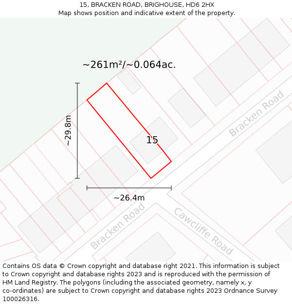 15, BRACKEN ROAD, BRIGHOUSE, HD6 2HX: Plot and title map