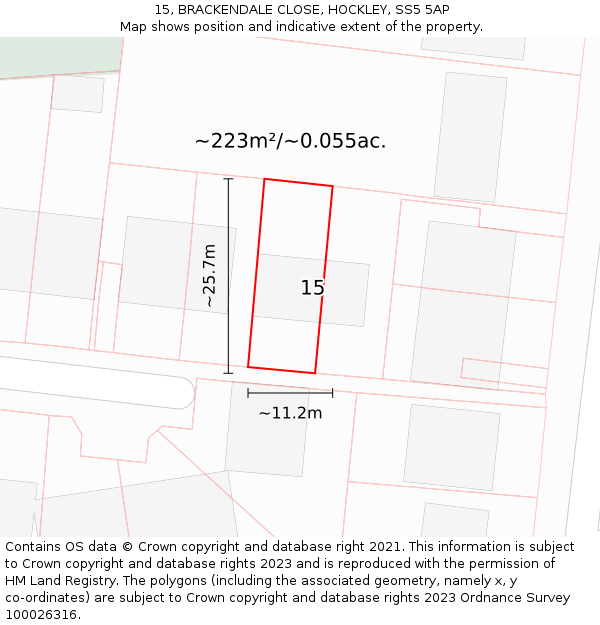 15, BRACKENDALE CLOSE, HOCKLEY, SS5 5AP: Plot and title map