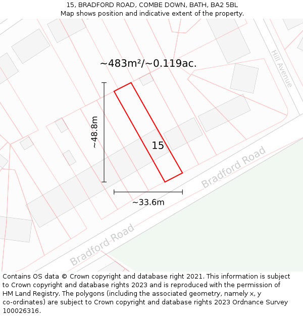 15, BRADFORD ROAD, COMBE DOWN, BATH, BA2 5BL: Plot and title map