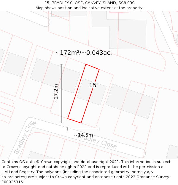 15, BRADLEY CLOSE, CANVEY ISLAND, SS8 9RS: Plot and title map