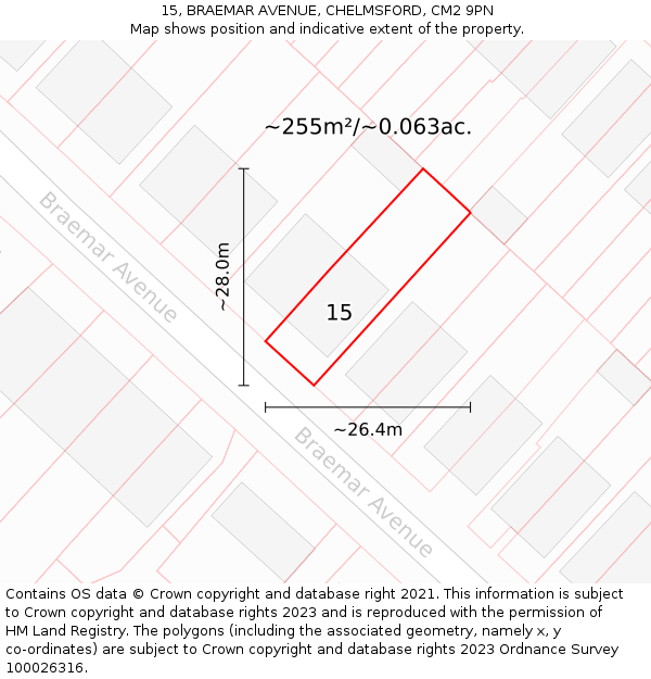 15, BRAEMAR AVENUE, CHELMSFORD, CM2 9PN: Plot and title map