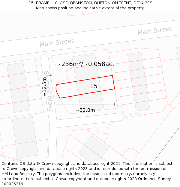 15, BRAMELL CLOSE, BRANSTON, BURTON-ON-TRENT, DE14 3ES: Plot and title map