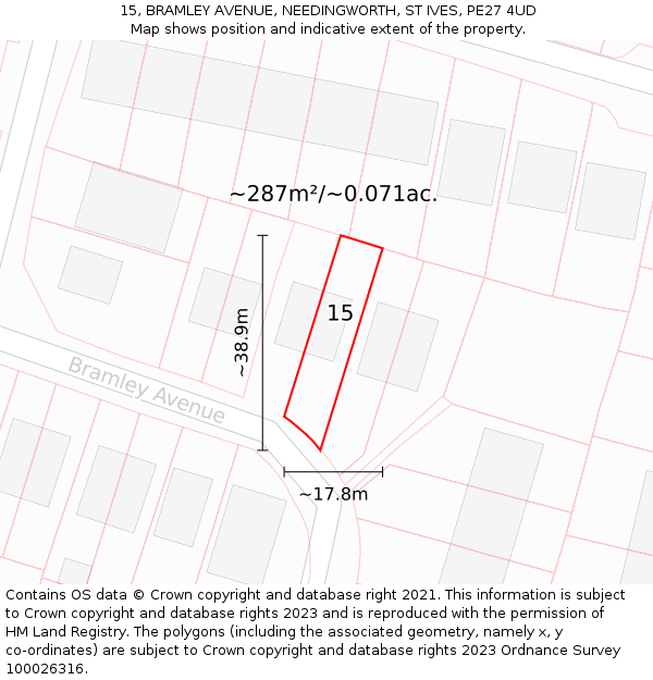 15, BRAMLEY AVENUE, NEEDINGWORTH, ST IVES, PE27 4UD: Plot and title map