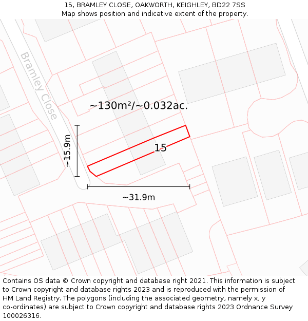 15, BRAMLEY CLOSE, OAKWORTH, KEIGHLEY, BD22 7SS: Plot and title map