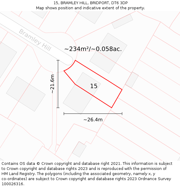 15, BRAMLEY HILL, BRIDPORT, DT6 3DP: Plot and title map