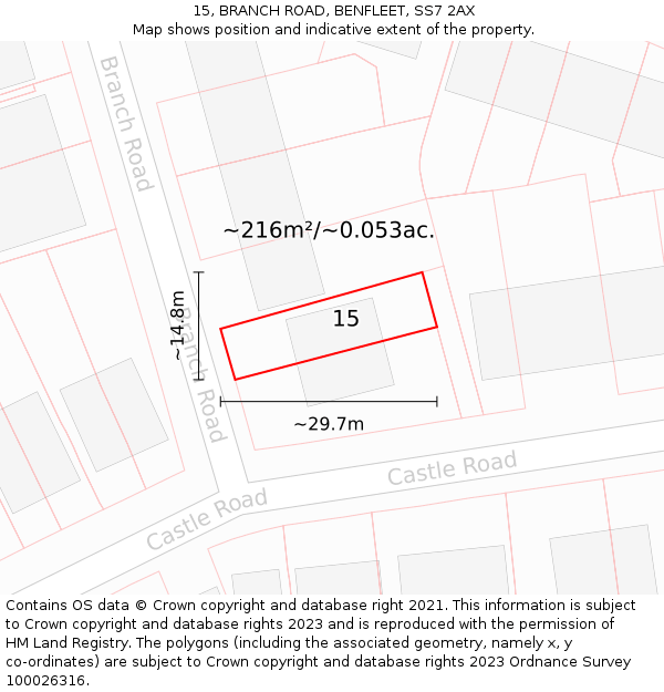 15, BRANCH ROAD, BENFLEET, SS7 2AX: Plot and title map