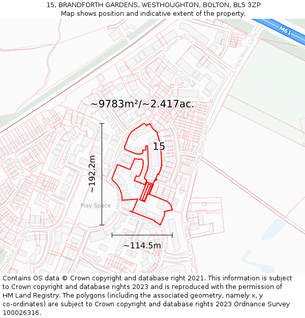 15, BRANDFORTH GARDENS, WESTHOUGHTON, BOLTON, BL5 3ZP: Plot and title map