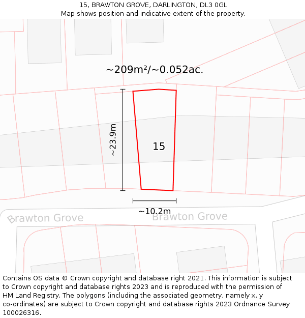 15, BRAWTON GROVE, DARLINGTON, DL3 0GL: Plot and title map