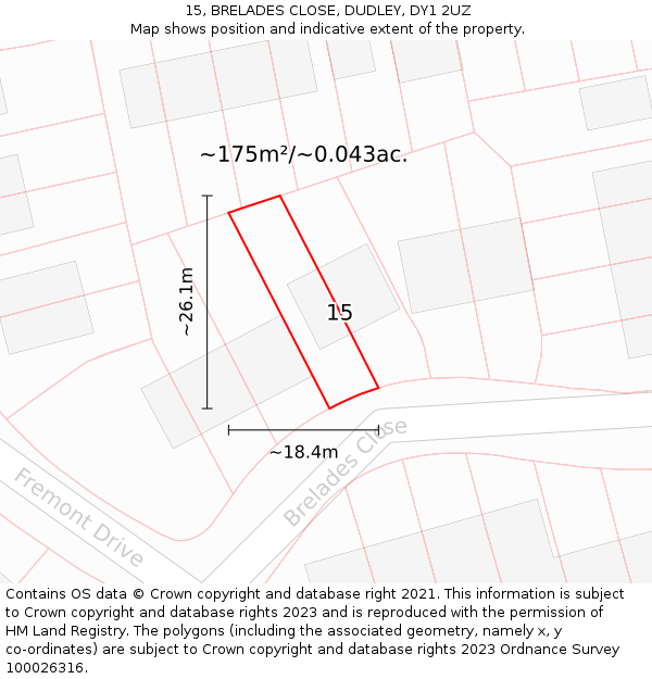15, BRELADES CLOSE, DUDLEY, DY1 2UZ: Plot and title map