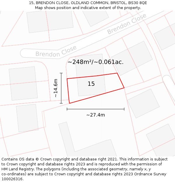15, BRENDON CLOSE, OLDLAND COMMON, BRISTOL, BS30 8QE: Plot and title map
